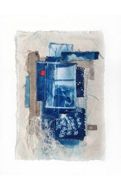 an abstract painting with blue and white colors on it's paper, including squares