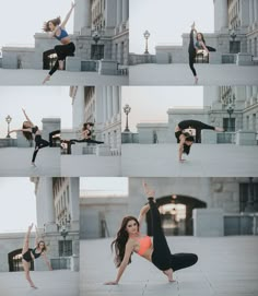 a woman doing yoga poses in front of a building