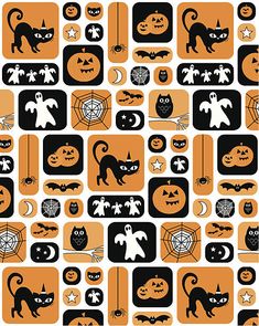 halloween seamless background with pumpkins, bats and cats on orange squares - pattern stock illustrations