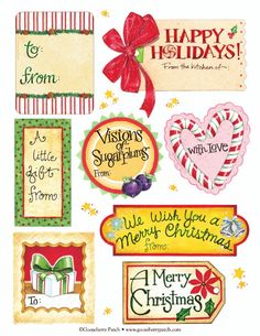 christmas stickers with holiday sayings and bows on them, all in different colors