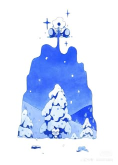 a drawing of a snow covered mountain with trees and crosses on it's top