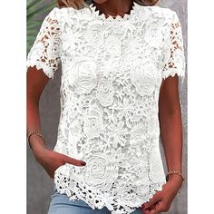 Season:Summer; Sleeve Length:Short Sleeve; Gender:Women's; Style:Casual,Elegant; Tops Type:Lace Shirt,Dressy Tops; Occasion:Vacation,Daily; Pattern:Plain; Design:Eyelet; Neckline:Crew Neck; Brand:Shall We; Front page:FF; Listing Date:04/16/2024; Clothing Length:null; Bust:null; Shoulder Width:null; Fit US Size:null; Fit UK Size:null; Fit EU Size:null Lace White Shirt, White Lace Shirt, White Lace Shorts, Womens Lace Tops, Lace Short Sleeve Top, Elegante Casual, Elegant Casual, Summer Blouses, Evening Gowns Formal