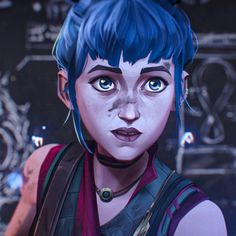 a woman with blue hair and piercings standing in front of a chalkboard background