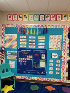 a bulletin board in a classroom with chairs