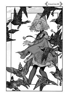 a drawing of a girl surrounded by birds in black and white, with the caption'captain 80'above her