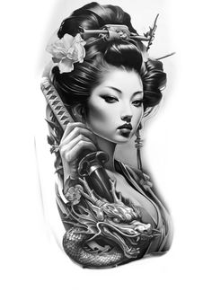 Manu Proença tattoo Japanese Hand Fan Tattoo, Asian Theme Tattoo, Geisha Warrior Tattoo, Asian Tattoo Designs, Japanese Geisha Drawing, Breaking Bad Tattoo, Geisha Drawing, Koi Dragon Tattoo, Samurai Drawing