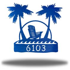 a blue and white sign with palm trees in the background that reads, 1063