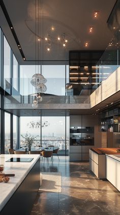 an open kitchen and dining area with large windows overlooking the cityscape in this modern home