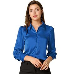 Embrace the daily life in business style with the Allegra K vintage button-down shirt. Pair perfectly with your favorite skirt or jeans for a chic look. This satin blouse is a throw-on piece you can create your stunning chic look effortlessly, you can be subtly elegant for work now and flirtatiously playful the next. Add this versatile piece to your everyday wardrobe. It can be dressed up or down. The relaxed fit enhances the laid-back look with a bit of glamour. Satin Shirts, Satin Bluse, Women's Button Down Shirt, Puff Long Sleeves, Satin Blouses, Satin Shirt, Satin Blouse, Long Puff Sleeves, Vintage Button