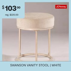 Romantically simple, Hillsdale Furniture's Swanson Vanity Stool is an elegant perch for getting pretty. Constructed of metal with a white finish, the streamlined Swanson Stool features a round seat with bone-hued fabric, a matching round base and an intersting circular base. Ideal for your bath or vanity area, or for handy tuck away seating around your home. Some assembly required.Features: Quick ShipStool Measurements: 15.375 Width/Inches, 17.75 Height/Inches, 15.375 Depth/InchesWeight (lb.): … Vanity Area, Hillsdale Furniture, Vanity Stool, Stools, Color White, Vanity, Bath, Fabric, White