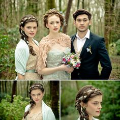 four different pictures of people dressed up in historical costumes and hair accessories, one with braids on her head