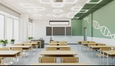 an empty classroom with wooden desks and green walls