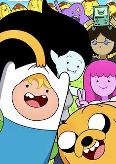 the cartoon adventure time with finn, finn and finn in front of many other characters