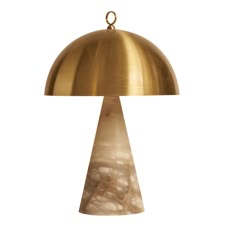 a gold colored table lamp with a marble base and an oval light shade on the top