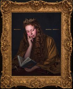 a painting of a woman with long hair wearing a tiara and reading a book