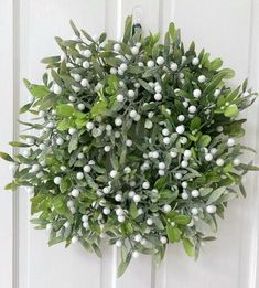 a bush with white flowers and green leaves hanging on a door handle, in front of a white paneled wall