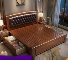 a bed with drawers underneath it in a bedroom