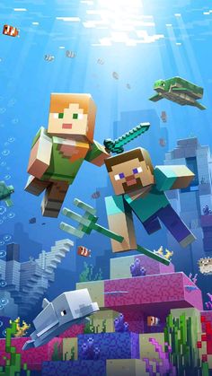 an image of two people in the water with fish and sea creatures around them,