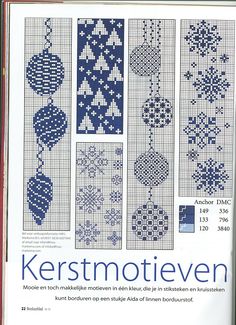 the cross stitch pattern book is shown with different designs on it and in blue colors