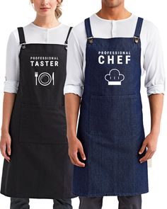 two people wearing aprons with the words king and queen grill on them, standing next to each other