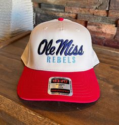 "Red/Natural Trucker Hat with Navy and Powder Blue embroidered \"Ole Miss Rebels\" design!" Ole Miss Logo, Bed Party, Hotty Toddy, Ole Miss Rebels, Ole Miss, Grad Party, Powder Blue, Trucker Cap, Caps Hats