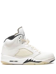 "The Jordan Air 5 Retro \"Sail\" Sneakers are crafted with calf leather and mesh paneling. These ankle-length sneakers feature a signature Jumpman motif, front lace-up fastening, a round toe and signature exposed Air unit and a rubber sole. These are athletic sneakers, release date: April 13, 2024." Jordan 5 Sail Outfit, Retro 5 Jordans, Y2k Things, Jordan Retro 1 Low, Jordan 5s, Bape Outfits, White Jordans, Jordan 5 Retro, Outfit Pieces