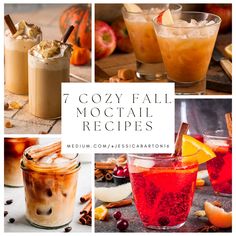 several different cocktails are shown with the words cozy fall mochai recipes