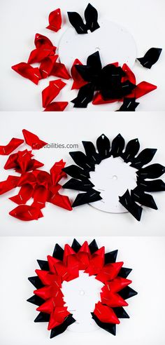 three different pictures of red and black bows on a white background, each with one being cut in half