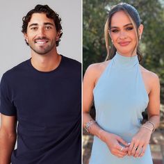 the two people are smiling for the camera and one is wearing a blue dress with a high neck