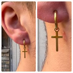 two pictures of the same person wearing gold earrings with a cross hanging from it's ear