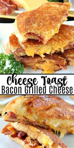 bacon grilled cheese sandwich cut in half and stacked on top of each other with text overlay