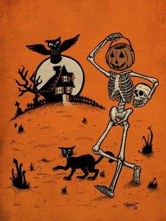 a halloween scene with a skeleton and a cat