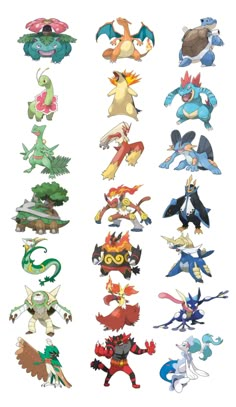 several different types of pokemons are shown in this image, with the same colors and shapes