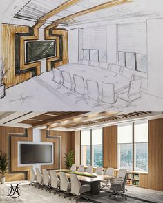 two pictures of a conference room with chairs and a television in the center, one is drawn by hand