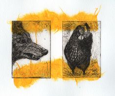 two black and yellow drawings of animals on white paper, one with an animal's head in the center