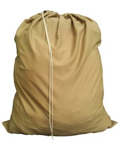 a large tan bag with white string on the bottom and drawstring around it