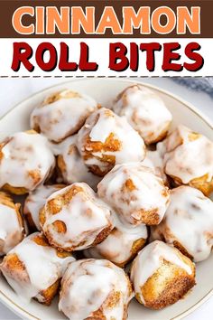 cinnamon roll bites in a white bowl with icing on top and text overlay