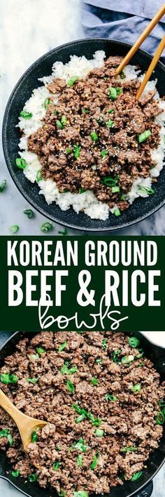 korean ground beef and rice in a skillet with chopsticks on the side