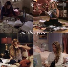 four different pictures of the same person sitting on a bed with books and papers in front of them