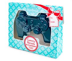 a blue box with two black video game controllers in it's front and side