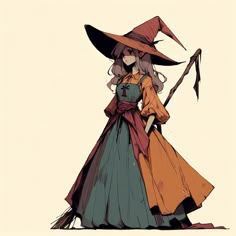 a drawing of a woman in a witch costume holding a broom and wearing a hat