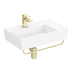 a white sink sitting on top of a metal holder with a gold faucet