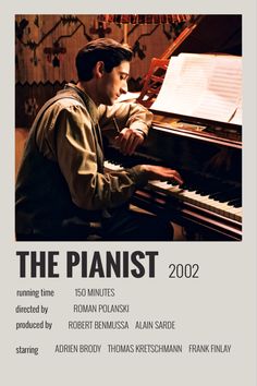 a man sitting at a piano in front of a sheet music cover with the words, the pianost