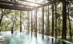 an outdoor swimming pool surrounded by trees and sun shining through the canopy over it's head