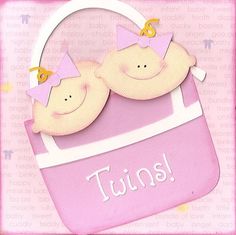 two babies in a pink purse with the words twins on it's side and one is smiling