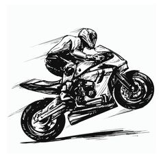 a drawing of a person on a motorcycle doing a wheelie in black and white