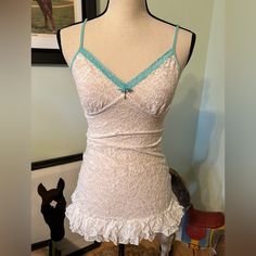 Nwot- Victorias Secret White & Turquoise Sheer Ruffle Lace Nightgown Dress- Size Medium. Adjustable Straps. Sewn On “ Heart Key” And Bow At The Center Of Bust. Stretchy Material In Excellent Unworn Condition. No Snags, Rips Or Stains. Bridal Shower Wedding Night Bachelorette Party Gift Nightie Lingerie Sexy Something Blue Cheeky Coquette Fitted Nightgown With Built-in Bra, Fitted Coquette Nightgown With Built-in Bra, Fitted Camisole With Built-in Bra For Bedtime, Feminine Fitted Nightgown With Ruffles, Fitted Feminine Ruffled Nightgown, Fitted Sleeveless Sleepwear For Sleepover, Fitted Lace Nightgown With Built-in Bra, Fitted Coquette Camisole Nightgown, Victoria's Secret White Camisole Sleepwear