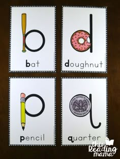 four cards with pictures of different things in them and the words do, bat, doughnut, pencil, quarter penny