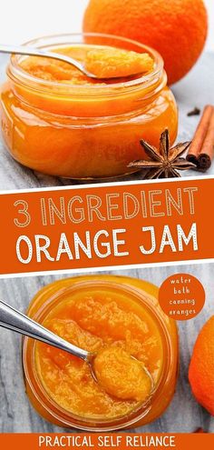 three ingredient orange jam in jars with cinnamons and anise on the side for garnish