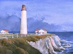 a watercolor painting of a lighthouse on the edge of a cliff by the ocean